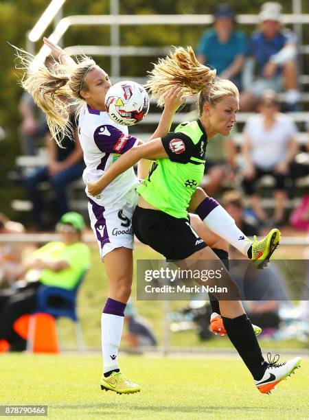 Rachel Hill of Perth and Taren KIng of Canberra contest possession during the round five W-League match between Canberra United and Perth Glory at...
