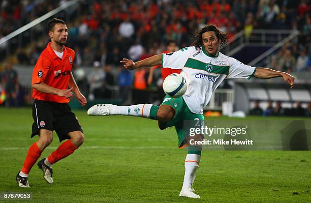 Claudio Pizarro of Werder Bremen has a shot at goal during the UEFA Cup Final between Shakhtar Donetsk and Werder Bremen at the Sukru Saracoglu...