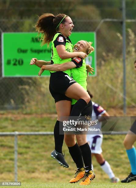 Grace Maher of Canberra celebrates scoring a goal during the round five W-League match between Canberra United and Perth Glory at McKellar Park on...