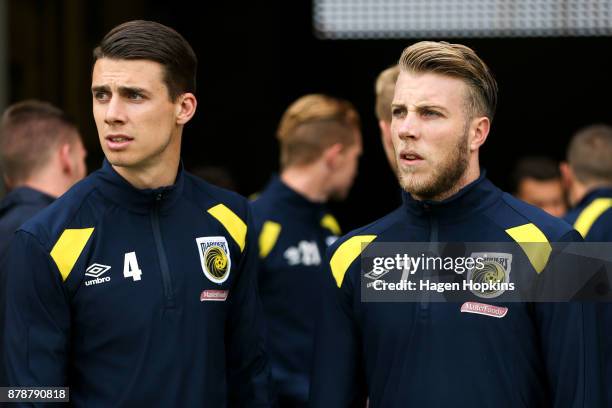 Jake McGing and Andrew Hoole of the Mariners look on during the round eight A-League match between the Wellington Phoenix and the Central Coast...