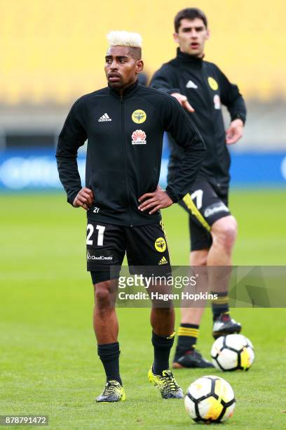 Roy Krishna and Gui Finkler of the Phoenix look on during the round eight A-League match between the Wellington Phoenix and the Central Coast...