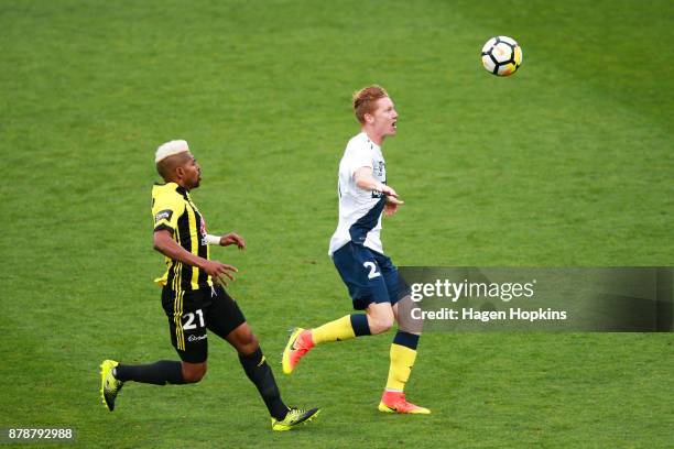 Kye Rowles of the Mariners and Roy Krishna of the Phoenix compete for the ball during the round eight A-League match between the Wellington Phoenix...