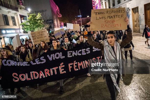 Demonstration against violence against women in Lyon, France, November 24, 2017. Three hundred people marched through the streets in an un-mixed...