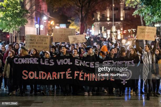 Demonstration against violence against women in Lyon, France, November 24, 2017. Three hundred people marched through the streets in an un-mixed...