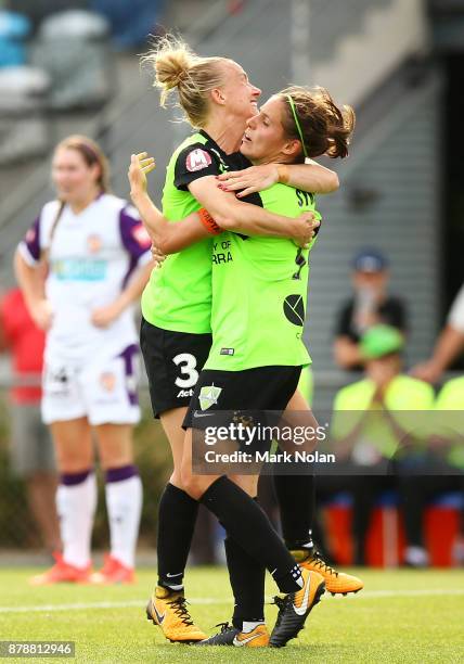 Laura Bassett of Canberra celebrates scoring a goal with team mate Ashleigh Sykes during the round five W-League match between Canberra United and...