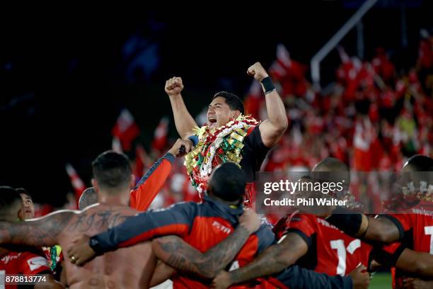 Jason Taumalolo of Tonga performs a challenge following the 2017 Rugby League World Cup Semi Final match between Tonga and England at Mt Smart...