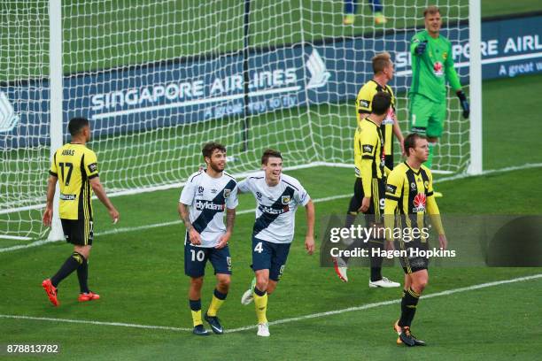 Daniel De Silva and Jake McGing of the Mariners celebrate a goal during the round eight A-League match between the Wellington Phoenix and the Central...