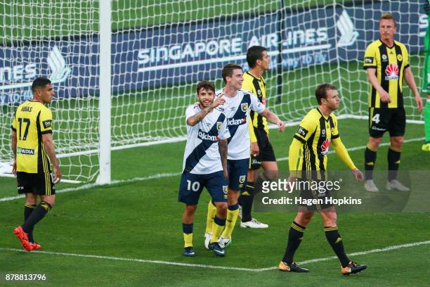 Daniel De Silva and Jake McGing of the Mariners celebrate a goal during the round eight A-League match between the Wellington Phoenix and the Central...