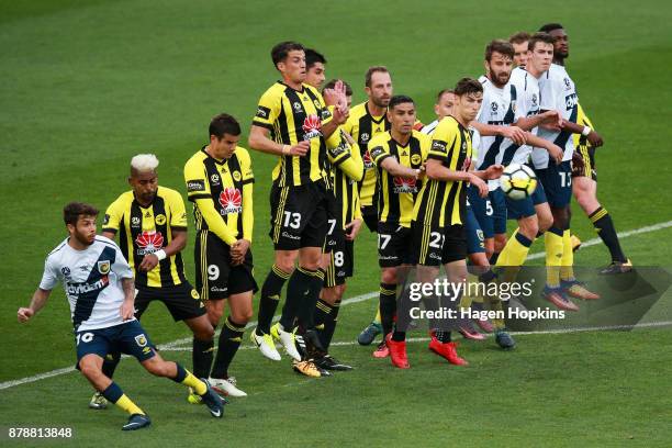 Players form a wall during the round eight A-League match between the Wellington Phoenix and the Central Coast Mariners at Westpac Stadium on...