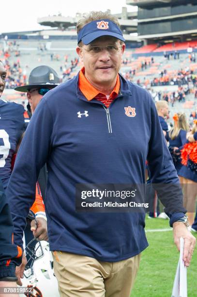 Head coach Gus Malzahn of the Auburn Tigers after their game against the Louisiana Monroe Warhawks at Jordan-Hare Stadium on November 18, 2017 in...