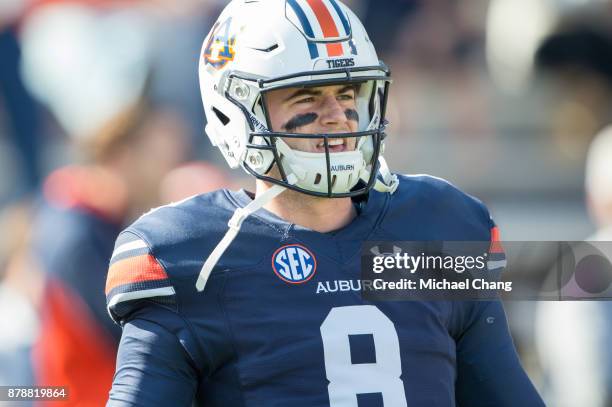 Quarterback Jarrett Stidham of the Auburn Tigers prior to their game against the Louisiana Monroe Warhawks at Jordan-Hare Stadium on November 18,...