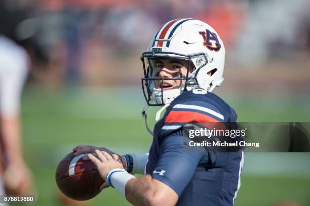 Quarterback Jarrett Stidham of the Auburn Tigers prior to their game against the Louisiana Monroe Warhawks at Jordan-Hare Stadium on November 18,...