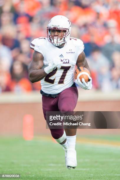 Running back Derrick Gore of the Louisiana Monroe Warhawks during their game against the Auburn Tigers at Jordan-Hare Stadium on November 18, 2017 in...