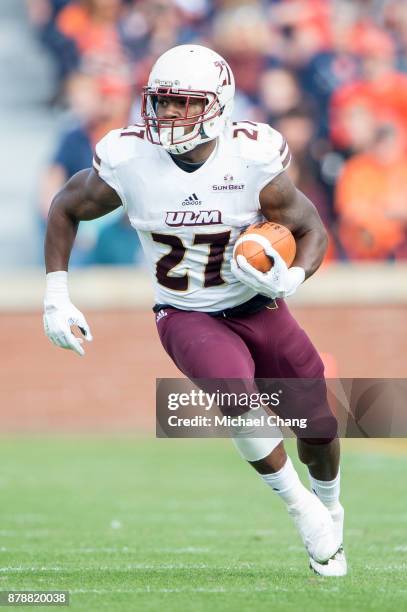 Running back Derrick Gore of the Louisiana Monroe Warhawks during their game against the Auburn Tigers at Jordan-Hare Stadium on November 18, 2017 in...