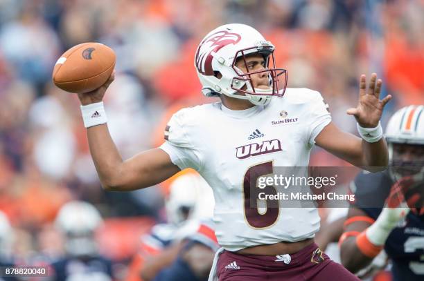 Quarterback Caleb Evans of the Louisiana Monroe Warhawks during their game against the Auburn Tigers at Jordan-Hare Stadium on November 18, 2017 in...