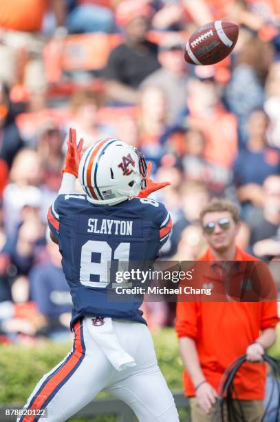 Wide receiver Darius Slayton of the Auburn Tigers attempts to catch a pass during their game against the Louisiana Monroe Warhawks at Jordan-Hare...