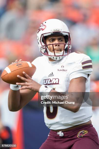 Quarterback Caleb Evans of the Louisiana Monroe Warhawks during their game against the Auburn Tigers at Jordan-Hare Stadium on November 18, 2017 in...