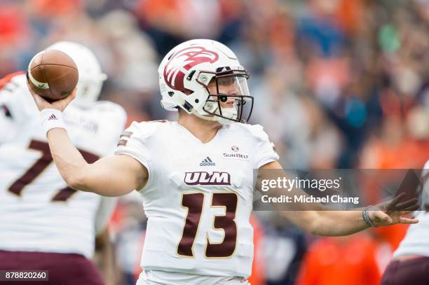 Quarterback Garrett Smith of the Louisiana Monroe Warhawks during their game against the Auburn Tigers at Jordan-Hare Stadium on November 18, 2017 in...