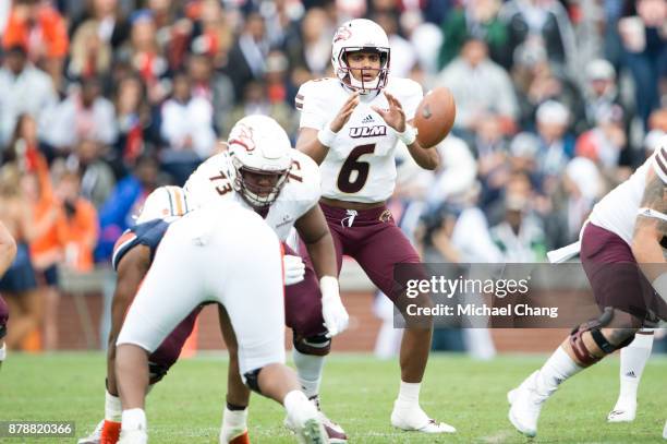 Quarterback Caleb Evans of the Louisiana Monroe Warhawks during their game against the Auburn Tigers at Jordan-Hare Stadium on November 18, 2017 in...