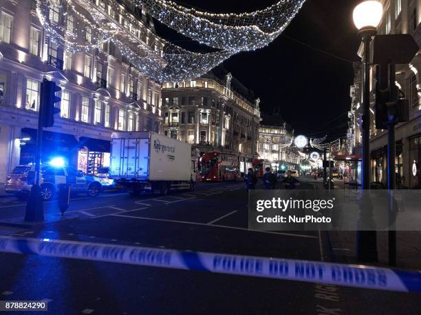 Police set up a cordon on Regent Street and Oxford Circus underground station on November 24, 2017 in London, England. Police are responding to...