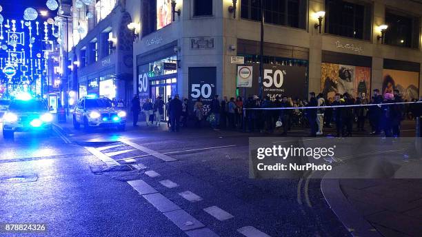 Police set up a cordon on Regent Street and Oxford Circus underground station on November 24, 2017 in London, England. Police are responding to...