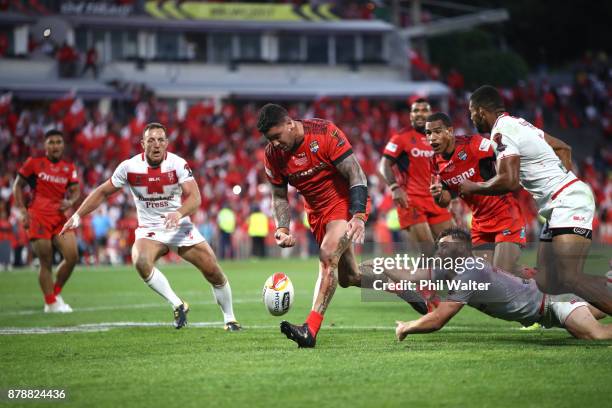 Andrew Fifita of Tonga fumbles a chance in the final seconds of the match during the 2017 Rugby League World Cup Semi Final match between Tonga and...