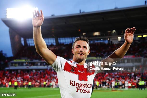 Sam Burgess of England thanks the crowd after winning the 2017 Rugby League World Cup Semi Final match between Tonga and England at Mt Smart Stadium...