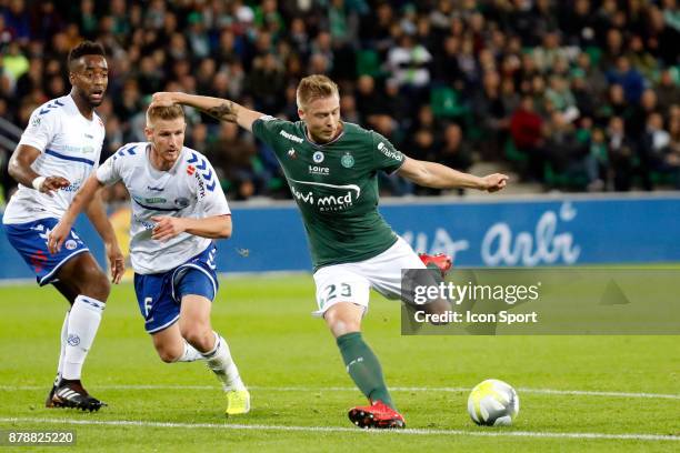 Salmier Yoann of Strasbourg and Soderlund Alexander of Saint Etienne and Grimm Jérémy of Strasbourg during the Ligue 1 match between AS Saint Etienne...