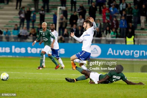 Nogueira Vincent of Strasbourg and Diousse El hadji of Saint Etienne during the Ligue 1 match between AS Saint Etienne and Strasbourg at Stade...