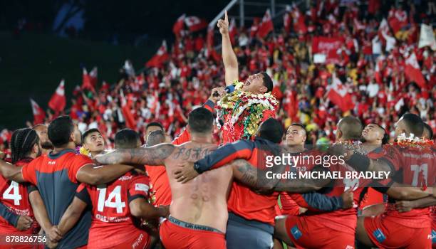 Tonga's Jason Taumalolo leads the Tongan challenge after the Rugby League World Cup men's semi-final match between Tonga and England at Mt Smart...