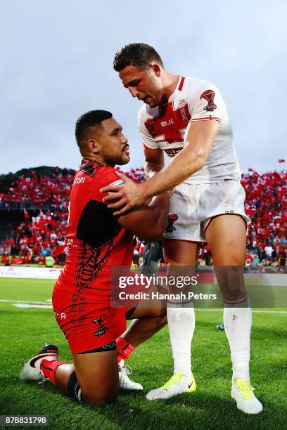 Sam Burgess thanks Silvia Havili of Tonga after winning the 2017 Rugby League World Cup Semi Final match between Tonga and England at Mt Smart...