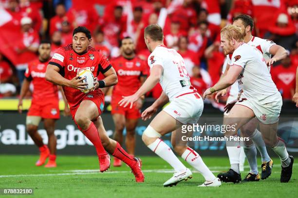 Jason Taumalolo of Tonga makes a break during the 2017 Rugby League World Cup Semi Final match between Tonga and England at Mt Smart Stadium on...