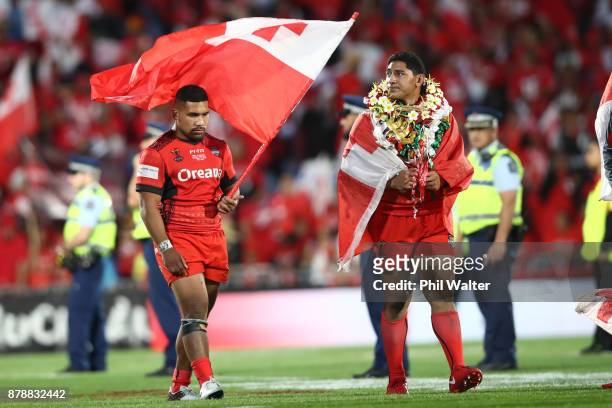 Silvia Havili and Jason Taumalolo of Tonga following during the 2017 Rugby League World Cup Semi Final match between Tonga and England at Mt Smart...