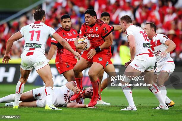 Jason Taumalolo of Tonga charges forward during the 2017 Rugby League World Cup Semi Final match between Tonga and England at Mt Smart Stadium on...