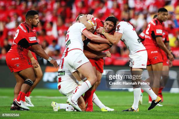 Jason Taumalolo of Tonga charges forward during the 2017 Rugby League World Cup Semi Final match between Tonga and England at Mt Smart Stadium on...