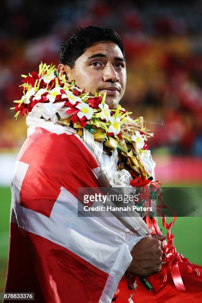 Jason Taumalolo of Tonga looks out of Tonga the crowd after losing the 2017 Rugby League World Cup Semi Final match between Tonga and England at Mt...
