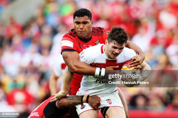 John Bateman of England charges forward during the 2017 Rugby League World Cup Semi Final match between Tonga and England at Mt Smart Stadium on...