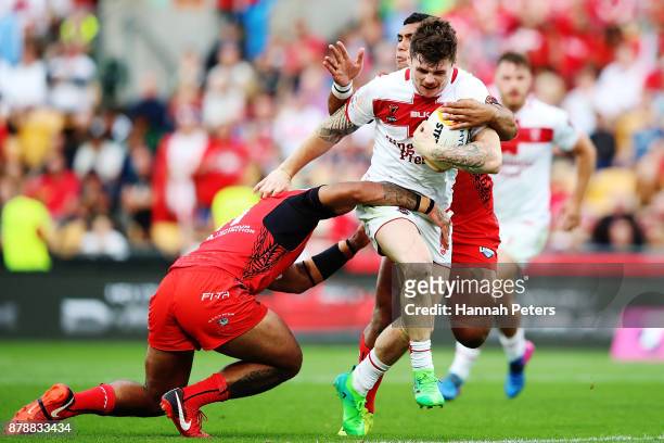 John Bateman of England charges forward during the 2017 Rugby League World Cup Semi Final match between Tonga and England at Mt Smart Stadium on...