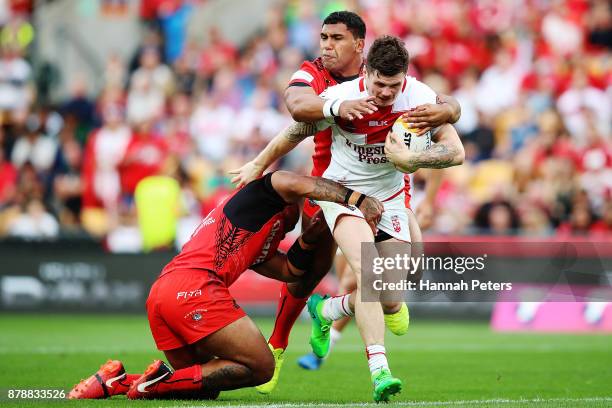 John Bateman of England charges forward during the 2017 Rugby League World Cup Semi Final match between Tonga and England at Mt Smart Stadium on...