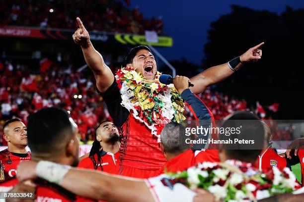 Jason Taumalolo of Tonga leads the Sipi Tau for the crowd after losing the 2017 Rugby League World Cup Semi Final match between Tonga and England at...
