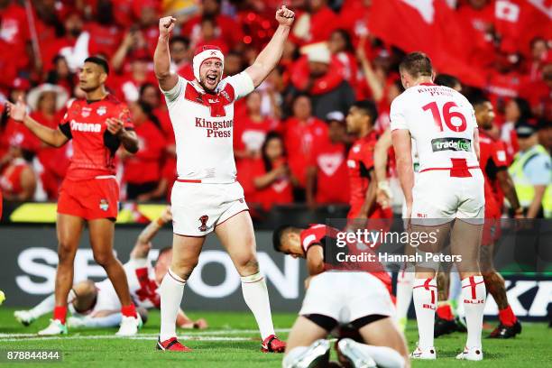 Chris Hill of England celebrates after winning the 2017 Rugby League World Cup Semi Final match between Tonga and England at Mt Smart Stadium on...