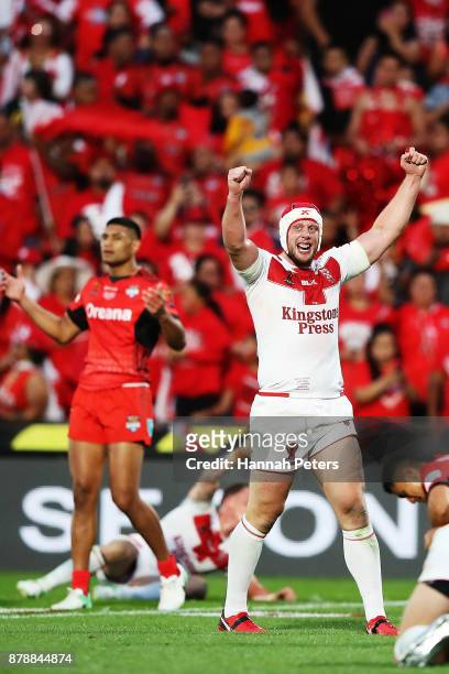 Chris Hill of England celebrates after winning the 2017 Rugby League World Cup Semi Final match between Tonga and England at Mt Smart Stadium on...
