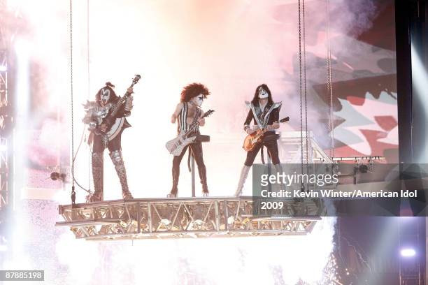 Musicians Gene Simmons, Paul Stanley and Tommy Thayer of KISS perform onstage during the American Idol Season 8 Grand Finale held at Nokia Theatre...