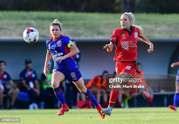 Adriana Jones of Adelaide United competes with Cassidy Davis of Newcastle Jets during the round five W-League match between Adelaide United and...