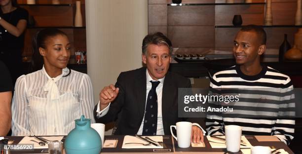 President Sebastian Coe meets male Athlete of the Year Mutaz Essa Barshim of Qatar and female athlete of the year Nafissatou Thiam of Belgium at...