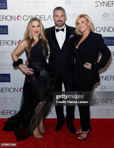 Matty Samaei, Stephen Handisides and Victoria Rees attend the MyFaceMyBody Awards 2017 Australasia at Hilton Hotel on November 25, 2017 in Sydney,...