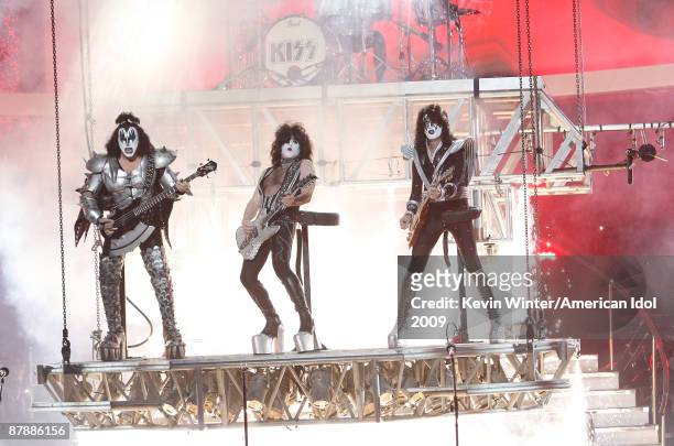 Musicians Gene Simmons, Paul Stanley, and Tommy Thayer of KISS perform onstage during the American Idol Season 8 Grand Finale held at Nokia Theatre...