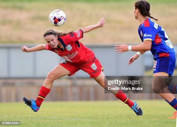 Emily Condon of Adelaide United heads for goal during the round five W-League match between Adelaide United and Newcastle Jets at Marden Sports...