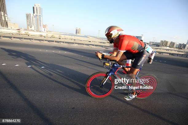 Sheikh Nasser Bin Hamad Al Khalifa competes in the bike section of Ironman 70.3 Middle East Championship Bahrain on November 25, 2017 in Bahrain,...