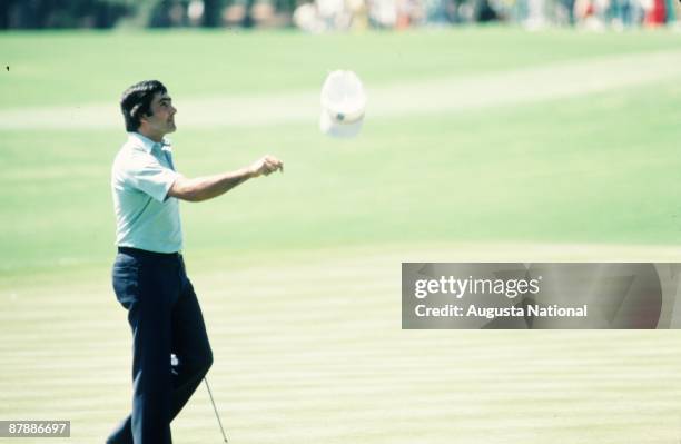 Masters Champion Seve Ballesteros tosses his hat in reaction to his putt during the 1980 Masters Tournament at Augusta National Golf Club in April...